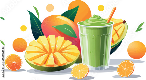 Summer mango fruit and smoothie vector flat illustration