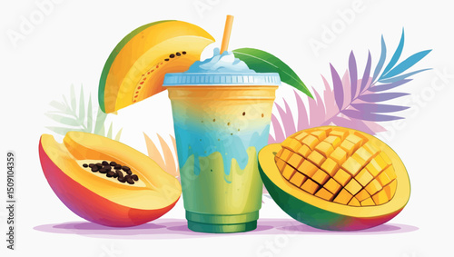 Summer mango fruit and smoothie vector flat illustration