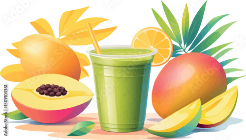 Summer mango fruit and smoothie vector flat illustration