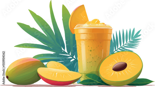 Summer mango fruit and smoothie vector flat illustration