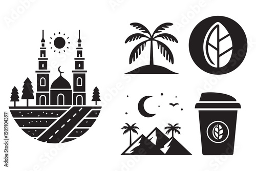 Travel and tourism icon set with summer beach landmarks and city symbols