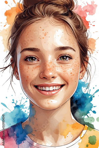Watercolor vector portrait of freckled smiling girl