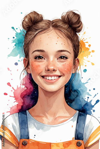 Watercolor vector portrait of freckled smiling girl