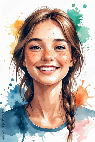 Watercolor vector portrait of freckled smiling girl