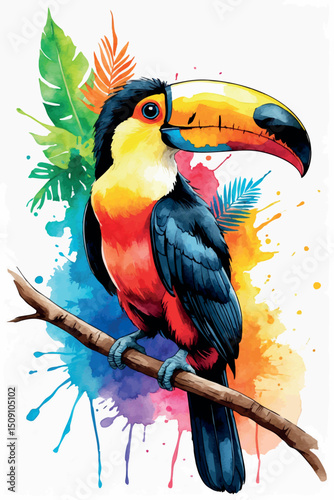 Tropical toucan watercolor vector illustration with bold beak