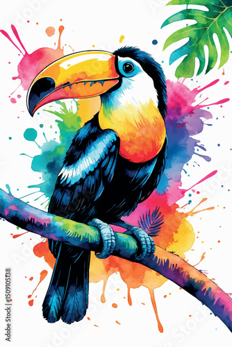 Tropical toucan watercolor vector illustration with bold beak