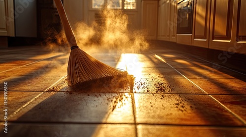 Sunlight streams across a tiled floor as dust is swept away.