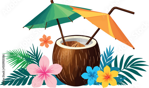 Tropical coconut cocktail vector illustration summer vibe