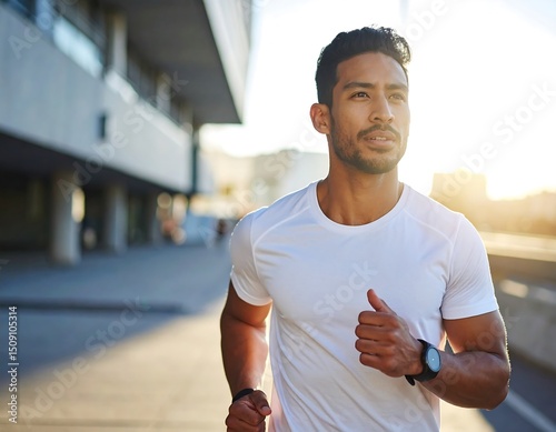 Man jogging outdoors, sunlight backlighting him