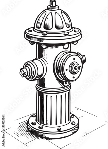 Fire Hydrant Vector Illustration, Sketch Drawing Line Linear Symbol Icon Engraving Coloring Book, Hand-drawn Black and White Isolated