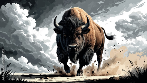 Charging bison in wild rage vector engraving illustration
