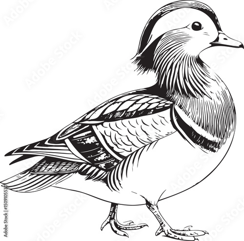 Mandarin Duck Vector Illustration, Sketch Drawing Line Linear Symbol Icon Engraving Coloring Book, Hand-drawn Black and White Isolated