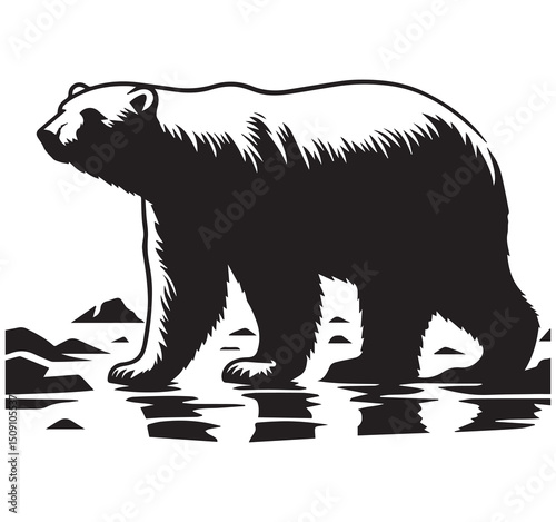 High-Quality Black and White Graphic Illustration of a Polar Bear Walking on Ice with Reflections - Majestic Arctic Wildlife Art