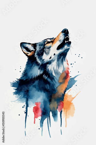 Watercolor vector of howling wolf in moody cool tones