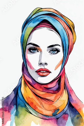 Watercolor vector portrait of woman in headscarf bold tones