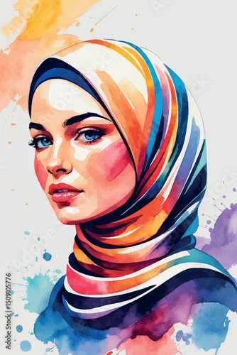 Watercolor vector portrait of woman in headscarf bold tones