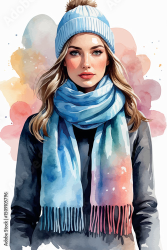 Watercolor portrait of woman in scarf winter vector style