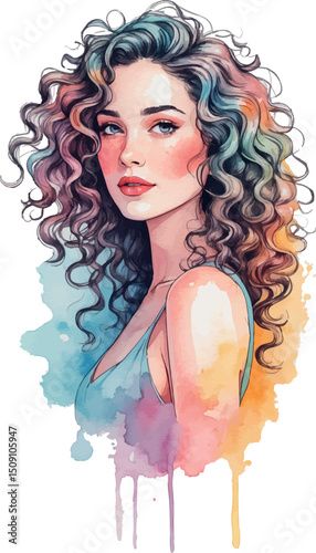 Curly-haired woman watercolor portrait vector on white