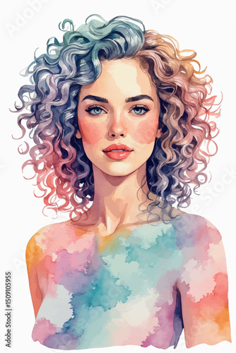 Curly-haired woman watercolor portrait vector on white