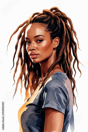 Dreadlocks woman watercolor vector portrait artistic mood