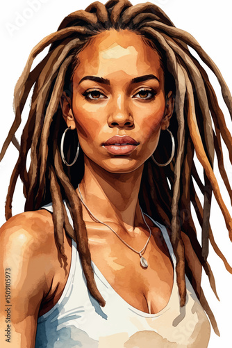 Dreadlocks woman watercolor vector portrait artistic mood