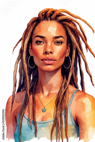 Dreadlocks woman watercolor vector portrait artistic mood