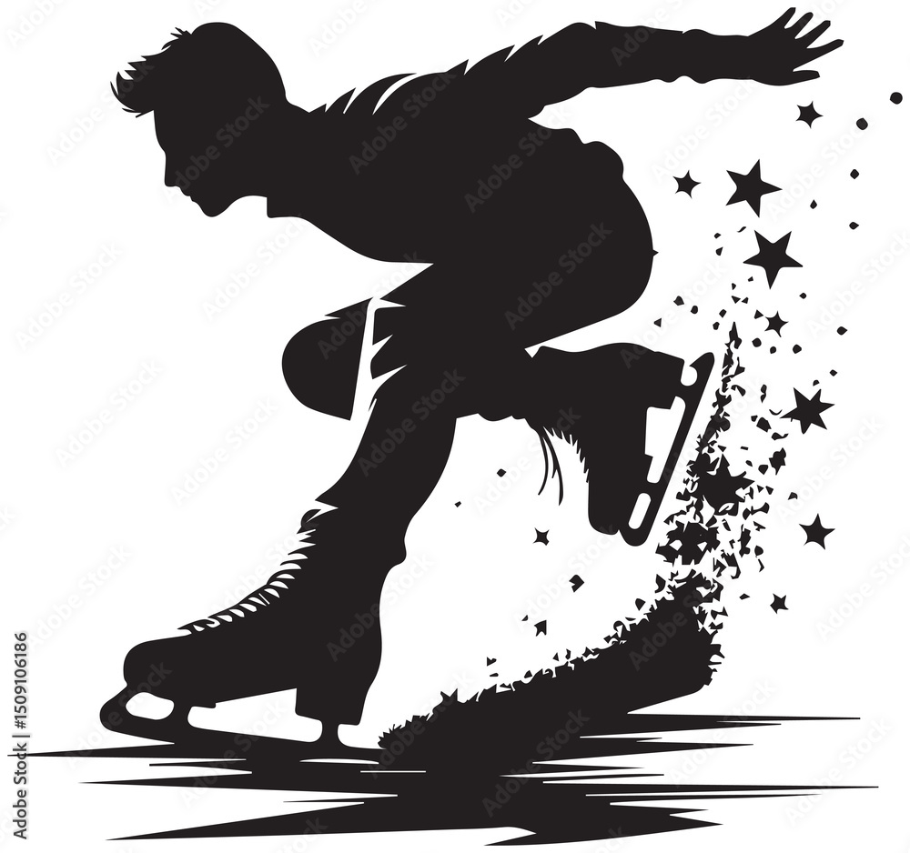 Dynamic Male Figure Skater Silhouette Jumping on Ice with Stars and Particles Black and White Art