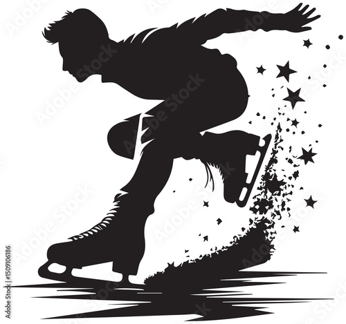 Dynamic Male Figure Skater Silhouette Jumping on Ice with Stars and Particles Black and White Art