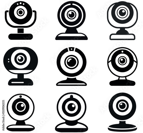Vector Webcam Icon Set: Black & White Web Camera Graphics Collection