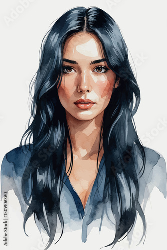 Vector watercolor portrait of black-haired woman isolated