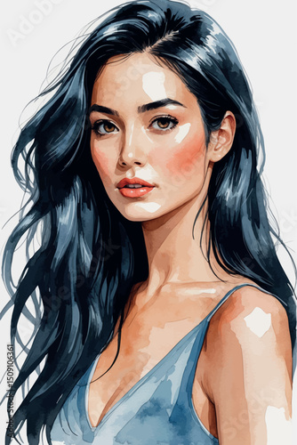 Vector watercolor portrait of black-haired woman isolated