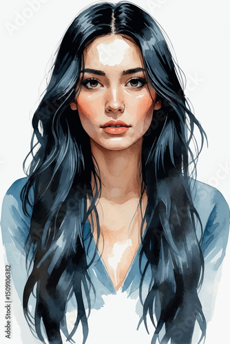 Vector watercolor portrait of black-haired woman isolated