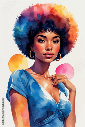 Bold afro-haired woman in watercolor vector portrait style
