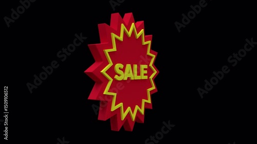 Looping 3D animation sale icon with transparent screen in red and yellow color