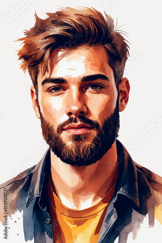 Bearded young man in watercolor portrait vector style