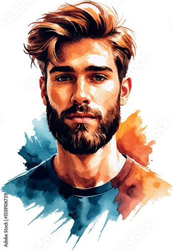 Bearded young man in watercolor portrait vector style