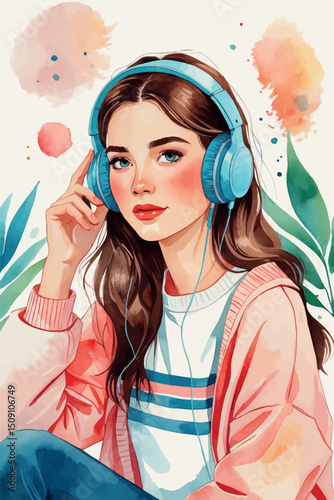 Cozy modern girl with headphones watercolor vector portrait