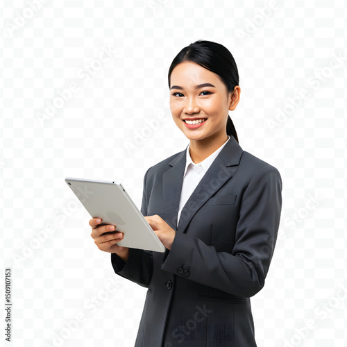 A woman in a professional suit smiles while interacting with a tablet.