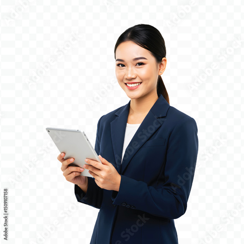 A woman in a professional suit smiles while interacting with a tablet.