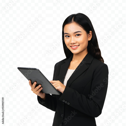 A woman in a professional suit smiles while interacting with a tablet.