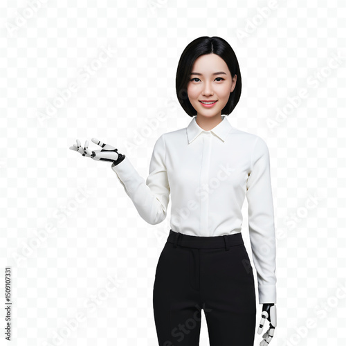 A woman with robotic arms and a friendly smile
