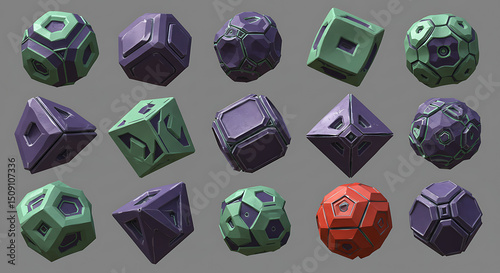 Futuristic Geometric Shapes 3D Render of Abstract Polyhedral Dice Gaming Assets