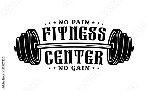 Fitness center logo with barbell illustration in vintage style