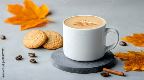 White Mug of Cappuccino with Autumn Leaves and Cookies