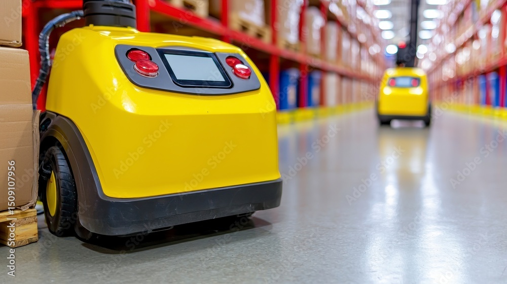 Fototapeta premium Yellow Automated Guided Vehicle in Modern Warehouse