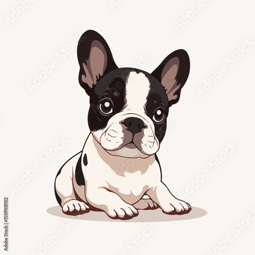 Adorable French Bulldog puppy, Canis familiaris, sitting on light background. This charming black and white dog breed is perfect for pet adoption posters.