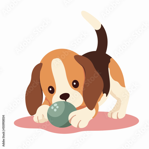 Adorable beagle puppy playing with green ball. Happy beagle puppy enjoys playtime on pink mat. This playful beagle image is perfect for pet adoption posters and websites.