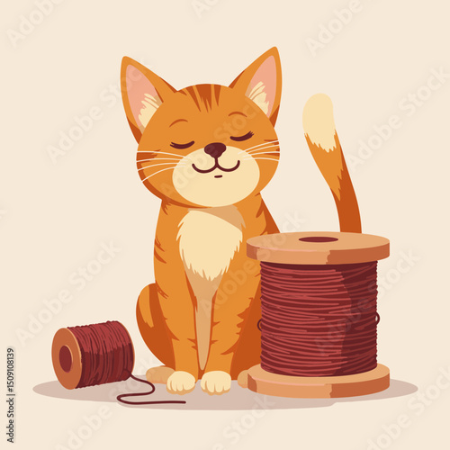 Orange tabby cat felis catus sitting near spools of thread. Adorable ginger cat peacefully rests beside yarn and thread spools.
