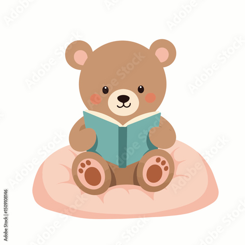 Adorable brown teddy bear reading book while sitting on pink pillow.  Cute teddy bear illustration perfect for children's books or educational materials.