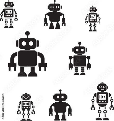 Robots Icon Collection Silhouette Set, Retro Style Design With Transparent Background
